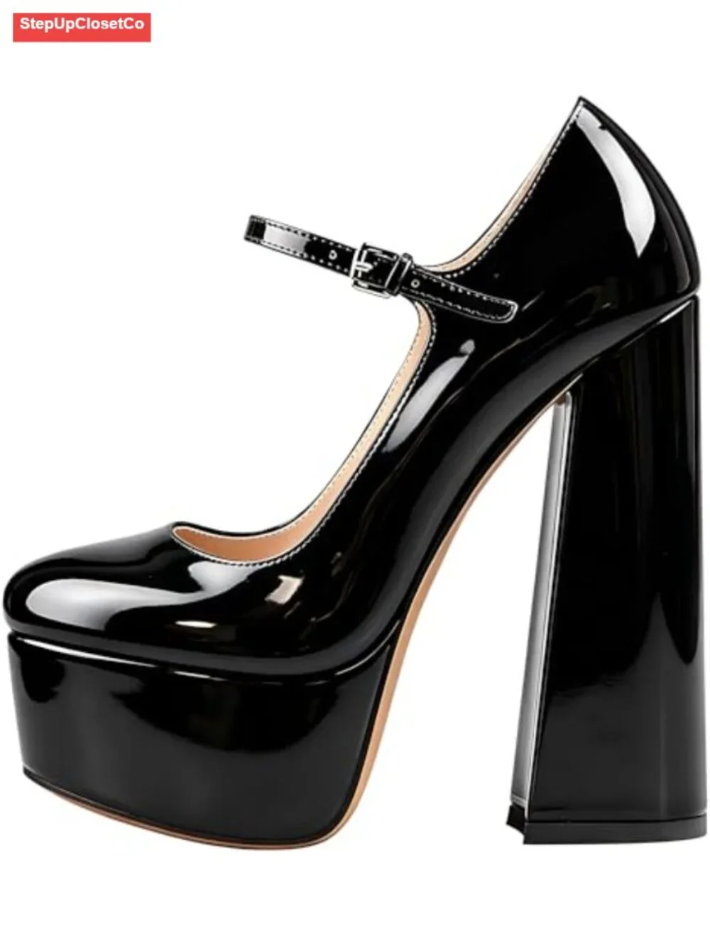 Mary Jane Platform Chunky High Heels Ankle Strap Close Toe Pumps Patent Leather